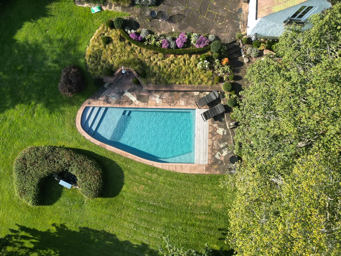 Luftaufnahme eines Pools in gestaltetem Garten mit Rasen und Hecke