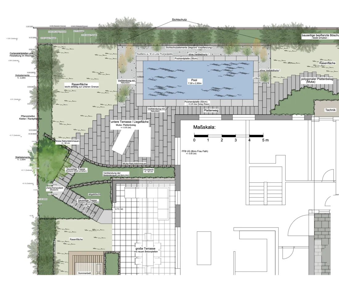 Gartenplan mit Entwurfszeichnung für den neuen Pool