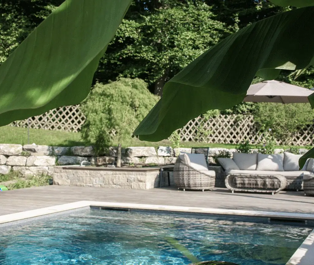 Bananenblätter vor der Rattan-Lounge am Pool in Villingen-Schwenningen