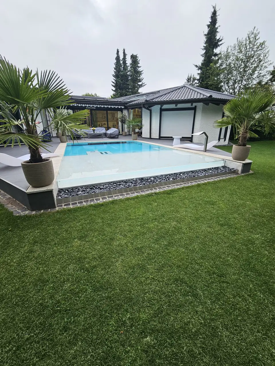 Pool mit Überlaufkante vor dem Poolhaus, flankiert von Palmen in Villingen-Schwenningen